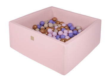 Vierkante ballenbak - Licht roze met Licht Roze, Goud, Beige, Pastel roze en Lila ballen